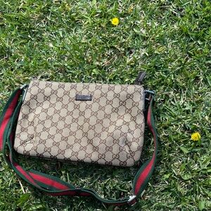 Gucci Tan Monogram Shoulder Bag with Green and Red Strap